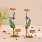 CraftVatika Metal Peacock Candle Holder Set of 2 - Perfect House Decoration Diwali Gifting Items, Handpainted Tealight Candle Holders for Home Christmas DECOR (21.5 CM Height) - Fast Shipping to USA & Canada - Image 3