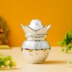 Webelkart Antique Sliver Plated Pooja Kalash with Coconut for Pooja Decor with Red Velvet Box/Swastik Kalash for Puja Temple/Diwali Gift Item/mangal Kalash (5" inches) - Fast Shipping to USA & Canada - Image 2