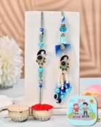 CraftVatika Evil Eye Peacock Rakhi Set for Brother and Bhabhi, Designer Rakhi set for Bhaiya Bhabhi Bro Sister, Lumba for Bhabhi, with Fridge Magnet Gift, Best wishes Greeting Card, Tilak - Fast Shipping to USA & Canada - Image 4