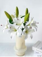 VRB Dec Plastic 1 Pcs (3 Head) Lily Artificial Flowers Bunch Foam Flowers Sticks,Lily Artificial Flowers for Home Decor,Bedroom, Living Room, Table, Balcony, Office, Wedding, Pooja (White Color) - Fast Shipping to USA & Canada - Image 3