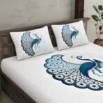 JaipurFabric Cotton 180 TC Dancing Peacock Jaipuri Print Bedsheet for Double Bed with 2 Pillow Covers (100" X 108"), White (Silver) - Fast Shipping to USA & Canada - Image 3