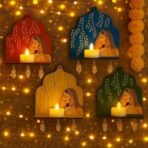 CraftVatika Diwali Decoration Items LED Jharokha Diya Set of 4, Diwali Decor Items, LED Candles Wall Hanging Decorations, DIY Craft Traditional Wooden Jharokha Wall Decor for Living Room Festive Gift - Fast Shipping to USA & Canada - Image 4