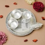 Webelkart Silver Plated Swastik Pooja Thali Set with Velvet Box for Diwali Poojan/Pooja Room/Diwali Gifting |ReturnGift,Thali Set for Puja (Silver) - Fast Shipping to USA & Canada - Image 2