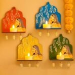 CraftVatika Diwali Decoration Items LED Jharokha Diya Set of 4, Diwali Decor Items, LED Candles Wall Hanging Decorations, DIY Craft Traditional Wooden Jharokha Wall Decor for Living Room Festive Gift - Fast Shipping to USA & Canada - Image 2