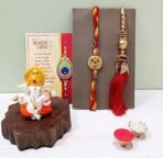 CraftVatika Rakhi Gift for Brother Bhabhi with Showpiece Combo Gift- Kundan Rakhi, Red Floral Lumba Rakhi for Brother Bhabhi with Figurine - Fast Shipping to USA & Canada - Image 2