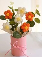 VRB Dec 1pcs Artificial Crochet Flower Bouquet/Artificial Flowers Bunch/Crochet flowers bouquet/Crochet flowers/Flowers Bouquet Gift for Girls Home Decor,gifting,etc. (Orange Daisy Bouquet) - Fast Shipping to USA & Canada