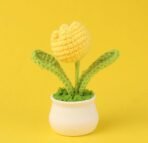 VRB DecTM 1 Pcs Crochet Flowers Artificial Tulip for Office Desk Car Dashboard Decor,Table Decor,Home Decoration, Office,Decor,Bedroom, Christmas (Yellow Tulip with Plastic Pot) - Fast Shipping to USA & Canada
