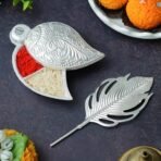 Webelkart Antique Silver Plated Kumkum Box With Leaf And Red Velvet Box | Tilak Kumkum Box for Puja Worship - Navratri and Diwali Return Gift,Sindoor Box, Roli Chawal Box (5" Inches) - Fast Shipping to USA & Canada - Image 2
