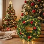 CraftVatika Christmas Wreath with Lights, Christmas Tree Decoration Items, Green Round Wreath Red Berries with LED Lights for Front Door Church Decoration Xmas Decor Items, Xmas Gifts Wreath for Wall - Fast Shipping to USA & Canada - Image 4