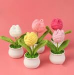 VRB DecTM 1 Pcs Crochet Flowers Artificial Tulip for Office Desk Car Dashboard Decor,Table Decor,Home Decoration, Office,Decor,Bedroom, Christmas (Yellow Tulip with Plastic Pot) - Fast Shipping to USA & Canada - Image 4