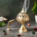 Webelkart Antique Brass Gold Dhoop Batti Stand with Handle (5" Inches) - Loban Dani Aarti Burner - Fast Shipping to USA & Canada - Image 2