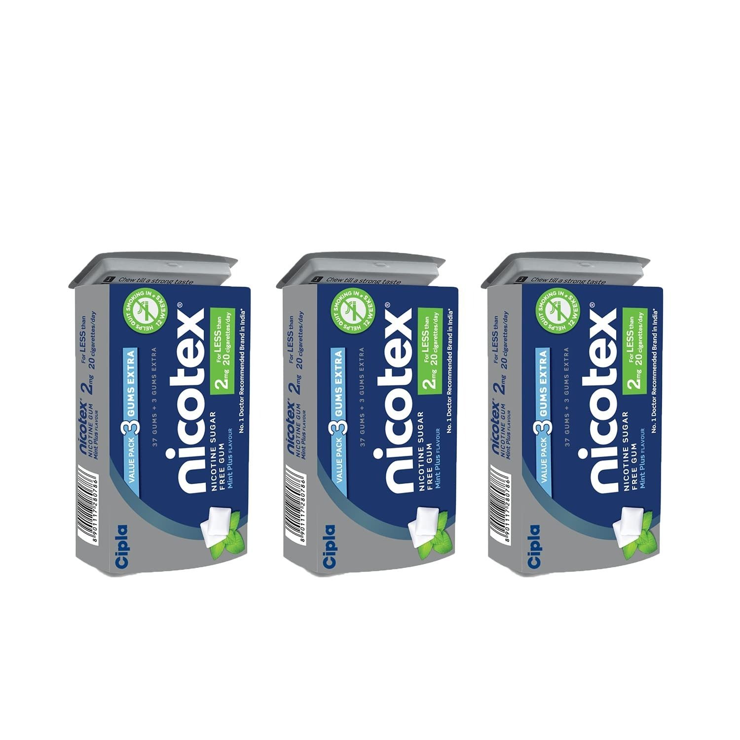 61-X7Tb4qBL-1.jpg Cipla Nicotex Nicotine Sugar Free Mint Plus Gums 2mg | Helps to Quit Smoking | WHO-approved Therapy | 40 Gums per Tin | Pack of 3 - Fast Shipping to USA & Canada - Image 1