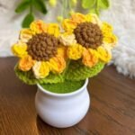 VRB DecTM 1 Pcs Crochet Flowers Artificial Twin Sunflower for Office Desk Car Dashboard Decor,Home Decoration,Festival,Office, Bedroom, Christmas Decor. (Twin Yellow Sunflower with Pot) - Fast Shipping to USA & Canada