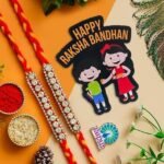 Webelkart Premium Set of 2 Stone Rakhi for Bhaiya Bhabhi with Fridge Magnet, Raksha Bandhan Gift Pack for Brother Sister,Rakhi for Brother Bhabhi with Greeting Card and Roli Chawal - Fast Shipping to USA & Canada