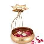 CraftVatika Metal Lotus Tealight Candle Holder for Diwali Decoration Items with Base of Urli Bowl -Diwali Gift Items-Urli Bowl for Home Decor - Fast Shipping to USA & Canada