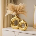 Xtore Metallic Gold Ceramic Donut Vases for Home DECOR | Minimalist Aesthetic Decorative Vase for Living Room, Bedroom, Office, Shelf, Coffee Table, Dining Table - (Pack of 2, Grass not Included) - Fast Shipping to USA & Canada