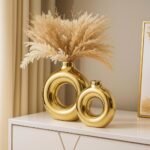 Xtore Metallic Gold Ceramic Donut Vases for Home DECOR | Minimalist Aesthetic Decorative Vase for Living Room, Bedroom, Office, Shelf, Coffee Table, Dining Table - (Pack of 2, Grass not Included) - Fast Shipping to USA & Canada