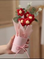 VRB Dec 1pcs Artificial Crochet Flower Bouquet/Artificial Flowers Bunch/Crochet flowers bouquet/Crochet flowers/Flowers Bouquet Gift for Girls Home Decor,gifting,etc. (Red Daisy Bouquet) - Fast Shipping to USA & Canada