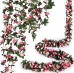 VRB Dec 2 Pcs Artificial Flowers Vine Silk Roses Garland Fake (6 ft Long) Flowers Silk Roses Garland for Wedding Decorations Diwali/Ganpati/Christmas Garden Wall Valentine (Pink Combo Rose Garland) - Fast Shipping to USA & Canada