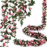 VRB Dec 2 Pcs Artificial Flowers Vine Silk Roses Garland Fake (6 ft Long) Flowers Silk Roses Garland for Wedding Decorations Diwali/Ganpati/Christmas Garden Wall Valentine (Pink Combo Rose Garland) - Fast Shipping to USA & Canada