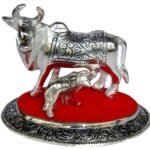 JaipurCrafts Kamdhenu Cow and Calf Showpiece - 10.16 cm (Aluminium, Silver, Red) - Fast Shipping to USA & Canada