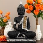 Global Grabbers New 25 Centimetre Meditating Sitting Buddha Statue showpiece Idol Home Decoration Items for Living Room Decor and Gifts (Silver Black) - Fast Shipping to USA, Canada & India