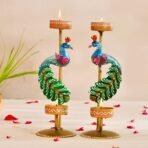 CraftVatika Metal Peacock Candle Holder Set of 2 - Perfect House Decoration Diwali Gifting Items, Handpainted Tealight Candle Holders for Home Christmas DECOR (21.5 CM Height) - Fast Shipping to USA & Canada