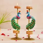 CraftVatika Metal Peacock Candle Holder Set of 2 - Perfect House Decoration Diwali Gifting Items, Handpainted Tealight Candle Holders for Home Christmas DECOR (21.5 CM Height) - Fast Shipping to USA & Canada