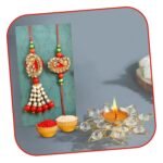 CraftVatika Rakhi Set Gift Combo for Brother and Bhabhi - Kundan Rakhi with Crystal Diya Gift Set - Lumba for - Couple, Bhaiya Rakshabandhan (M4-Bhaiya Bhabhi) - Fast Shipping to USA & Canada
