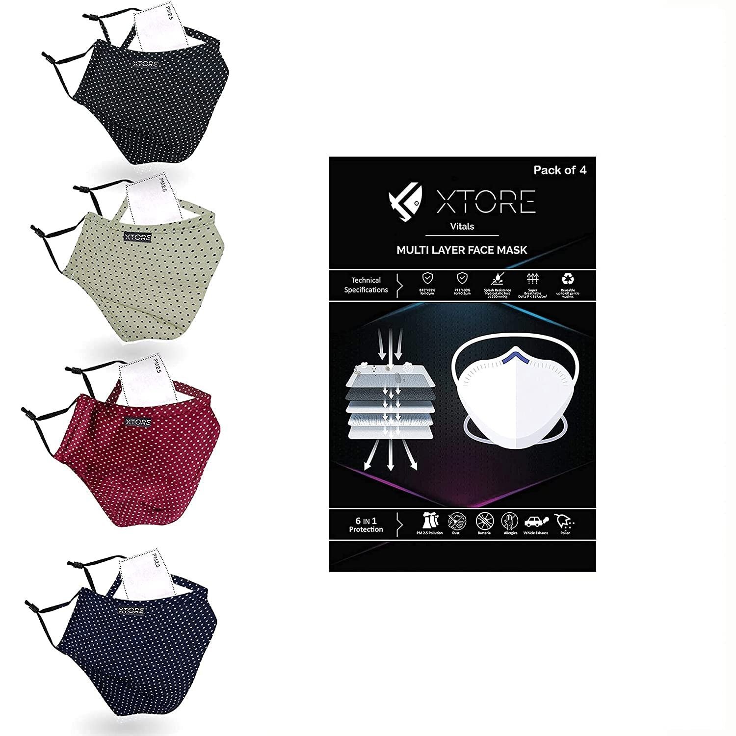 71zvSEMb94L-1.jpg Xtore N-95 FDA CE Certified Antipollution Cotton Mask | Reusable | Washable (Polka Dot Black, Maroon, Navy Blue, Light Brown, Without Valve, Pack of 4) for Unisex - Fast Shipping to USA & Canada - Image 1