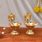 Craftvatika Pure Brass Shanku Chakra kuber Diya Diwali Decoration Item for Home Decor - Brass shanku chakra diya vilakku for puja Room & Office Decor, Living Room, Diwali Festival Gift Item (Set of 2) - Fast Shipping to USA & Canada
