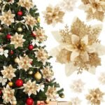 VRB Dec 6 Pcs Christmas Poinsettias Red/Gold Glitter Decorative Artificial Flowers Christmas Flowers of Christmas Decorations Items/Chritmas Tree/Decoration Items (6pcs - Golden Glitter Poinsettia) - Fast Shipping to USA & Canada