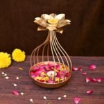 CraftVatika Metal Lotus Tealight Candle Holder for Diwali Decoration Items for Home with Base of Urli Bowl, Diwali Gift Items,- Gold (Height 9.5 Inch) - Fast Shipping to USA & Canada