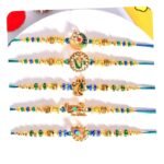 CraftVatika Rakshabandhan Rakhi Combo of Radhe Krishna and Om Ganesha Ji with Card for Boy, Girls, Kids, Men, Brother, Bhaiya, Bhai, Set of 5 - Fast Shipping to USA & Canada