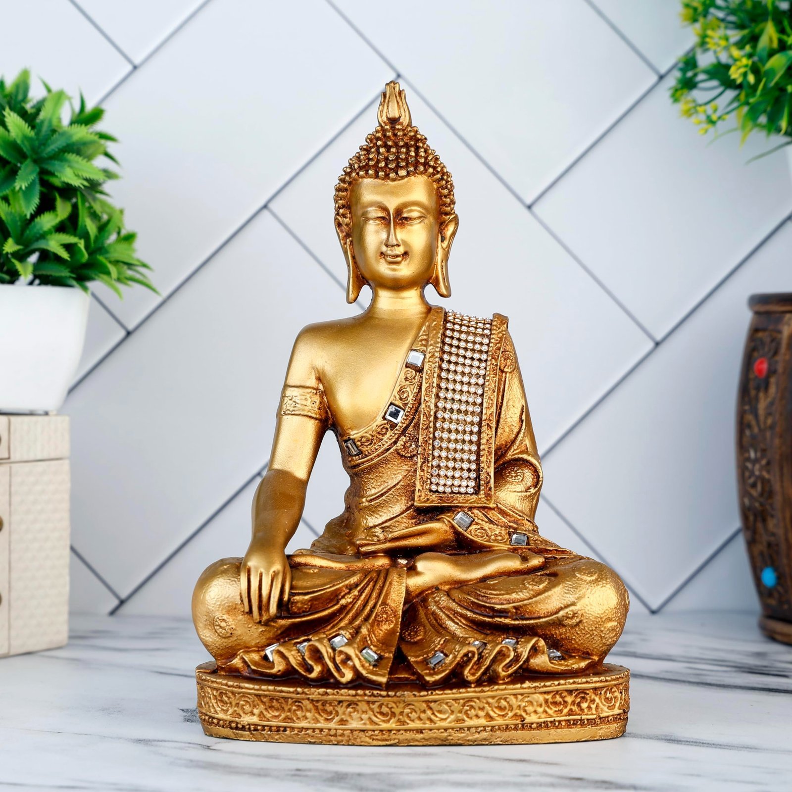 81E4nWxKDjL-1.jpg Global Grabbers New Sitting Buddha Statue showpiece Idol Home Decor Items for Living Room and Gifts (Golden 4) - Fast Shipping to USA, Canada & India - Image 1