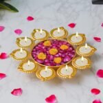Webelkart Premium Diya Shape Gold Plated Decorative Urli Bowl with Wax Candle for Home Decor Handcrafted Bowl Diwali Decor Item (10" Inches) - Fast Shipping to USA & Canada