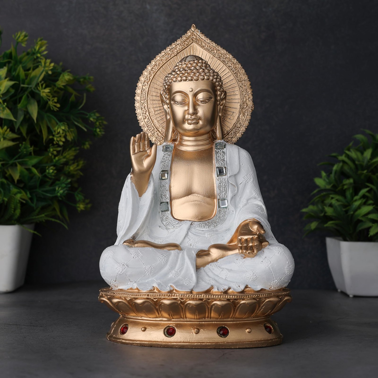 81ItOpuVORL-1.jpg Global Grabbers New Sitting Buddha Statue showpiece Idol Home Decor Items for Living Room and Gifts (White Golden) - Fast Shipping to USA, Canada & India - Image 1