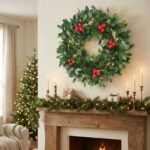 CraftVatika Christmas Wreath with Lights, Christmas Tree Decoration Items, Green Round Wreath Red Berries with LED Lights for Front Door Church Decoration Xmas Decor Items, Xmas Gifts Wreath for Wall - Fast Shipping to USA & Canada