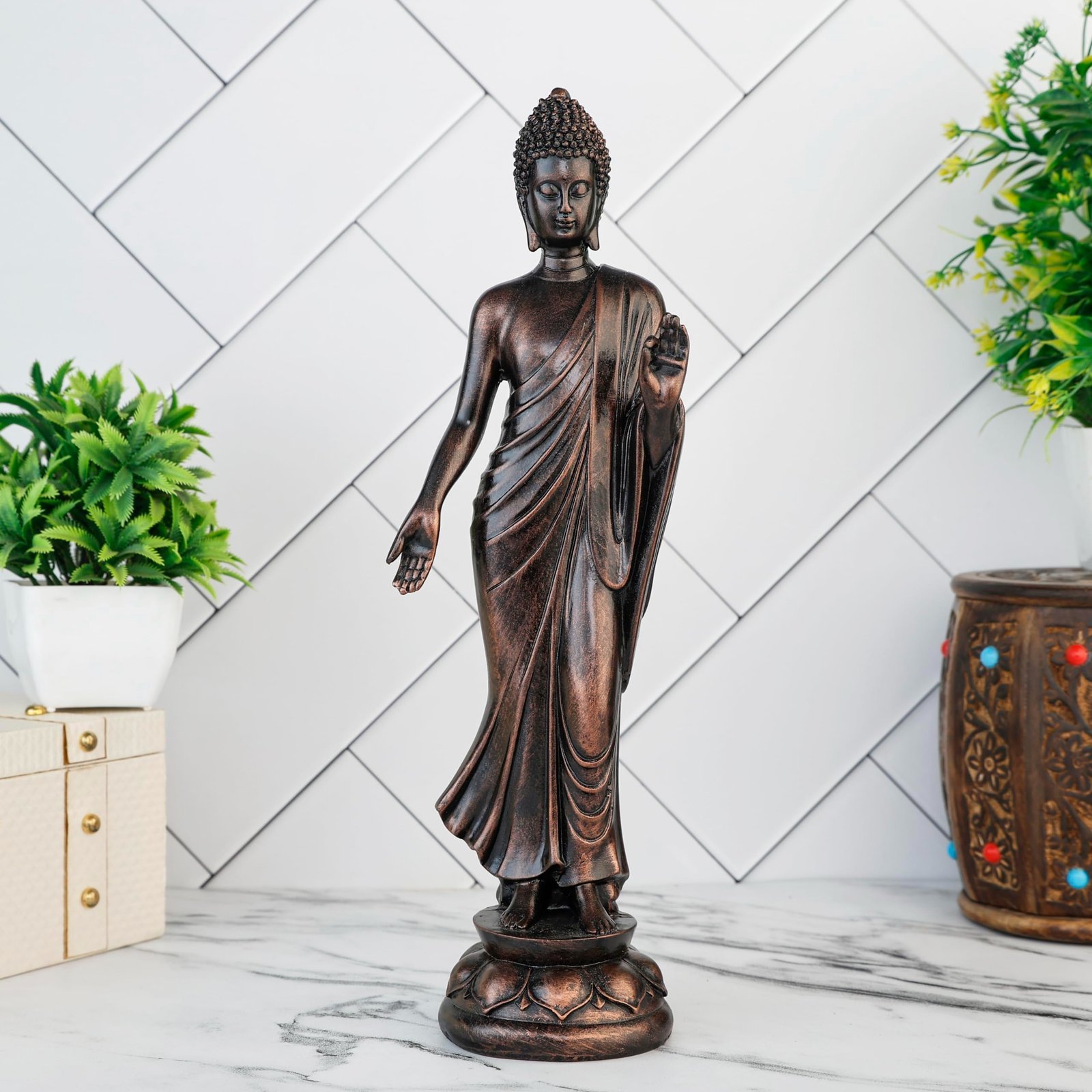81JPISAbPL.jpg Global Grabbers New Standing Buddha Statue showpiece Idol Home Decor Items for Living Room and Gifts (Antique Copper) - Fast Shipping to USA, Canada & India - Image 1