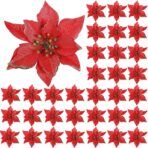 VRB Dec 24 pcs Christmas Poinsettias Satin Decorative Artificial Flowers Christmas Flowers of Christmas Decorations Items/Chritmas Tree/Decoration Items (24 Pcs - Red Satin Poinstea) - Fast Shipping to USA & Canada
