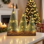CraftVatika Christmas Tree with Lights, Mini Christmas Tree for Desk with LED Lights, Pine Xmas Tree Set of 3 on Wooden Base for Office Table Decor, Home Corner Decorations, Mini Xmas Tree Gifts - Fast Shipping to USA & Canada