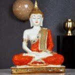 Global Grabbers New 25 Centimetre Meditating Sitting Buddha Statue showpiece Idol Home Decoration Items for Living Room Decor and Gifts (Orange White Glossy) - Fast Shipping to USA, Canada & India
