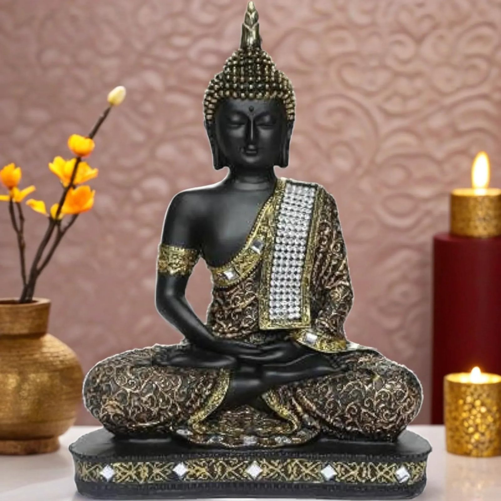 81gcZECXQgL-1.jpg Global Grabbers New 25 Centimetre Meditating Sitting Buddha Statue showpiece Idol Home Decoration Items for Living Room Decor and Gifts (Golden6 Black) - Fast Shipping to USA, Canada & India - Image 1