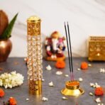 Webelkart Traditional Brass Crystal Incense Holder| Agarbatti Stand with Ash Catcher Incense Holder Stick Holder for Pooja, Decor Burner for Home Office Decoration (11.5" Inches) - Fast Shipping to USA & Canada
