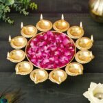 Webelkart Premium Diya Shape Gold Polish Decorative Flower Urli Bowl for Home Decor Diwali Decor Tea Light Candles Home,Office and Table Decor| Diwali Decoration Items (13 Inches) - Fast Shipping to USA & Canada