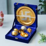 Webelkart Silver Plated Swastik Pooja Thali Set with Velvet Box for Diwali Poojan/Pooja Room/Diwali Gifting |ReturnGift,Thali Set for Puja (Gold) - Fast Shipping to USA & Canada