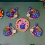 Webelkart Premium Shreenathji Decorative Peacock Rangoli Set with Tealight Holders, Traditional Indian Festival Decor,Diwali Candle Holder Gift Item for Home Decor (Set of 5) - Fast Shipping to USA & Canada