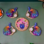 Webelkart Premium Shreenathji Decorative Peacock Rangoli Set with Tealight Holders, Traditional Indian Festival Decor,Diwali Candle Holder Gift Item for Home Decor (Set of 5) - Fast Shipping to USA & Canada