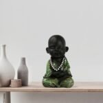 JaipurCrafts Cute Child Monk Statue - 14 cm (Polyresin, Green, Black) - Home/Office Decor, Valentines Day Gift, Diwali Decor - Fast Shipping to USA & Canada