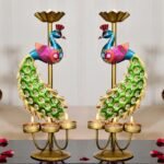 CraftVatika Elegant Metal Peacock Candle Holder -for Home Decoration Diwali, Intricate Design Tealight Candle Holders for Home Diwali Decor, Handpainted Tealight Candle Holder (Double Side) - Fast Shipping to USA & Canada